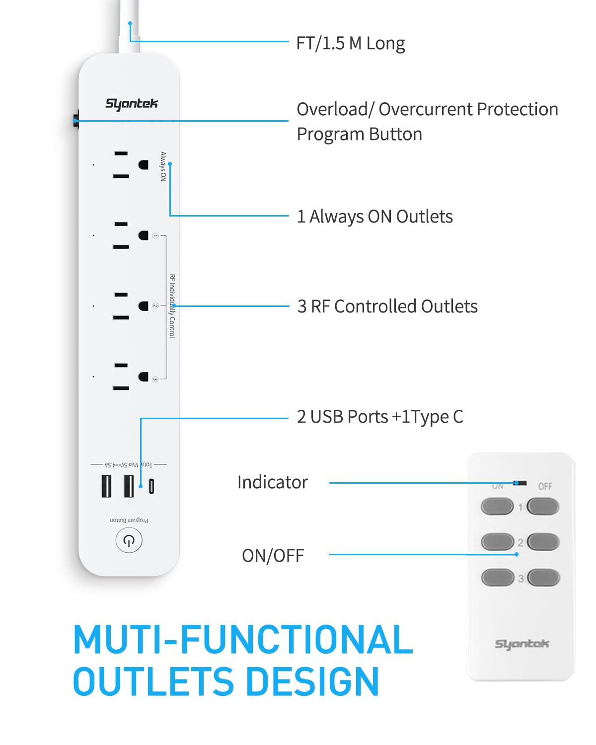 Syantek Remote Control Power Strip with 3 USB Surge Protector | 3 RF Controlled Outlets | 5ft Extension Cord | 15A/1875W | Remote Control Outlet for Household & Workstation Appliances