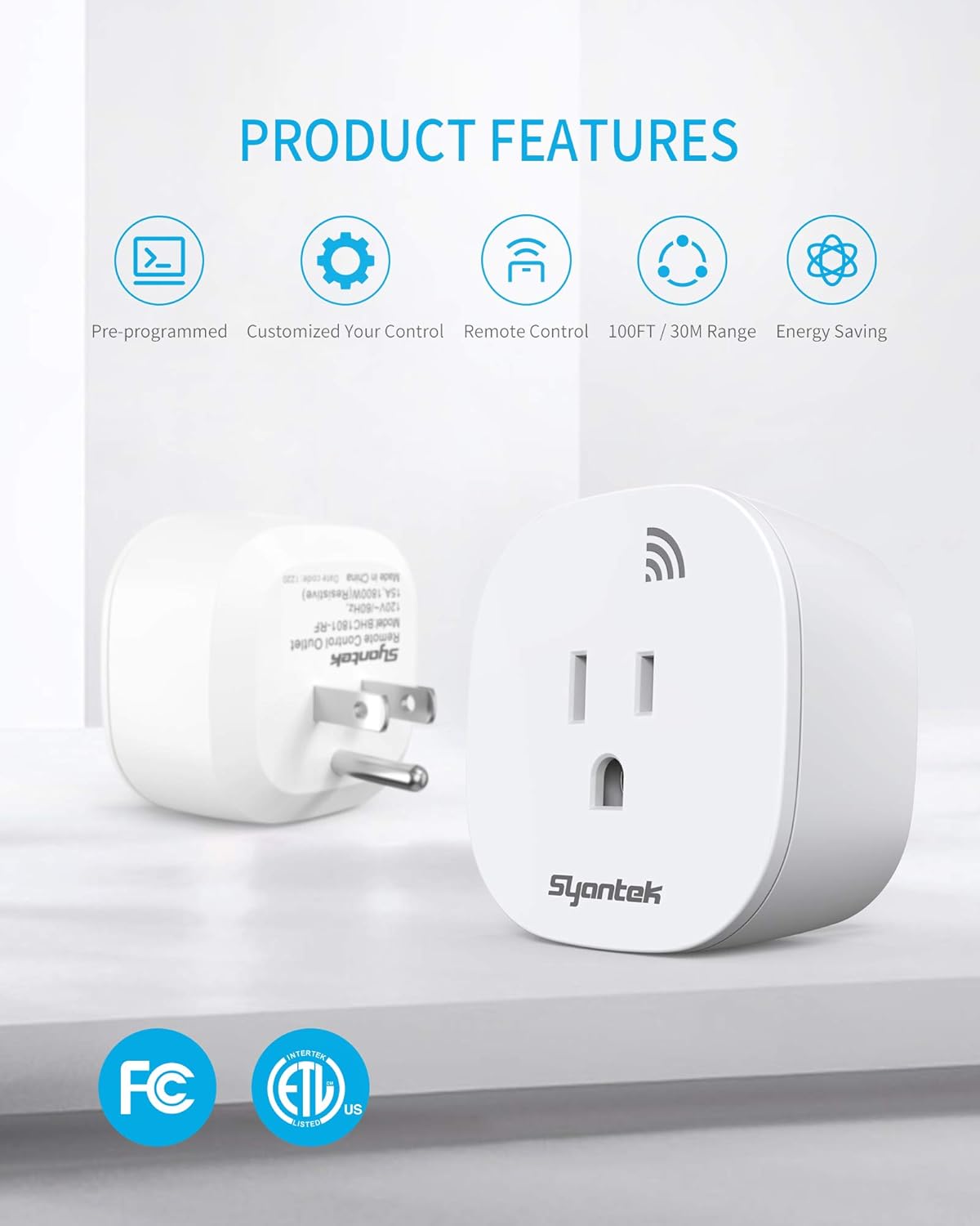 Syantek Wireless Remote Control Outlet - 5 Outlets + 2 Remotes | Expandable Remote Light Switch Kit with 100 ft Range | FCC Certified & ETL Listed | White