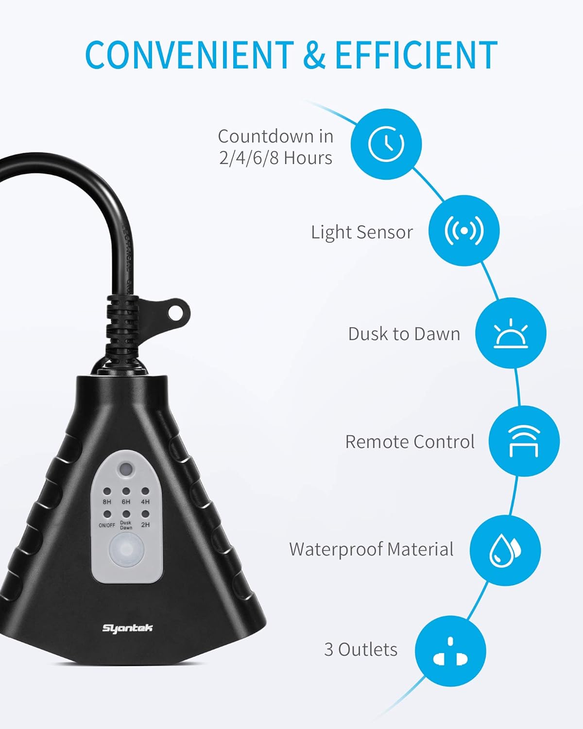 Syantek Outdoor Light Timer | Waterproof Remote Control Outlets | Dusk to Dawn Light Sensor & Countdown Timer | 100 ft Range Remote | 3 Grounded Outlets | ETL Listed