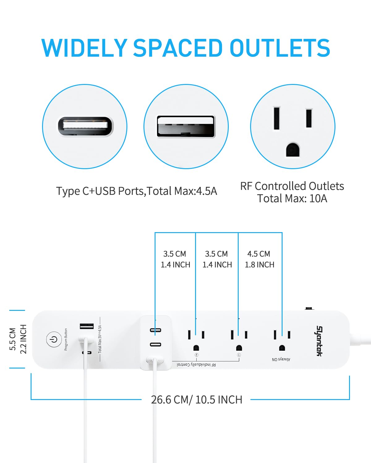 Syantek Remote Control Power Strip with 3 USB Surge Protector | 3 RF Controlled Outlets | 5ft Extension Cord | 15A/1875W | Remote Control Outlet for Household & Workstation Appliances