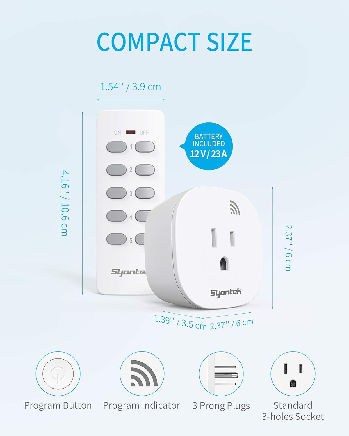 Syantek Wireless Remote Control Outlet - 5 Outlets + 2 Remotes | Expandable Remote Light Switch Kit with 100 ft Range | FCC Certified & ETL Listed | White