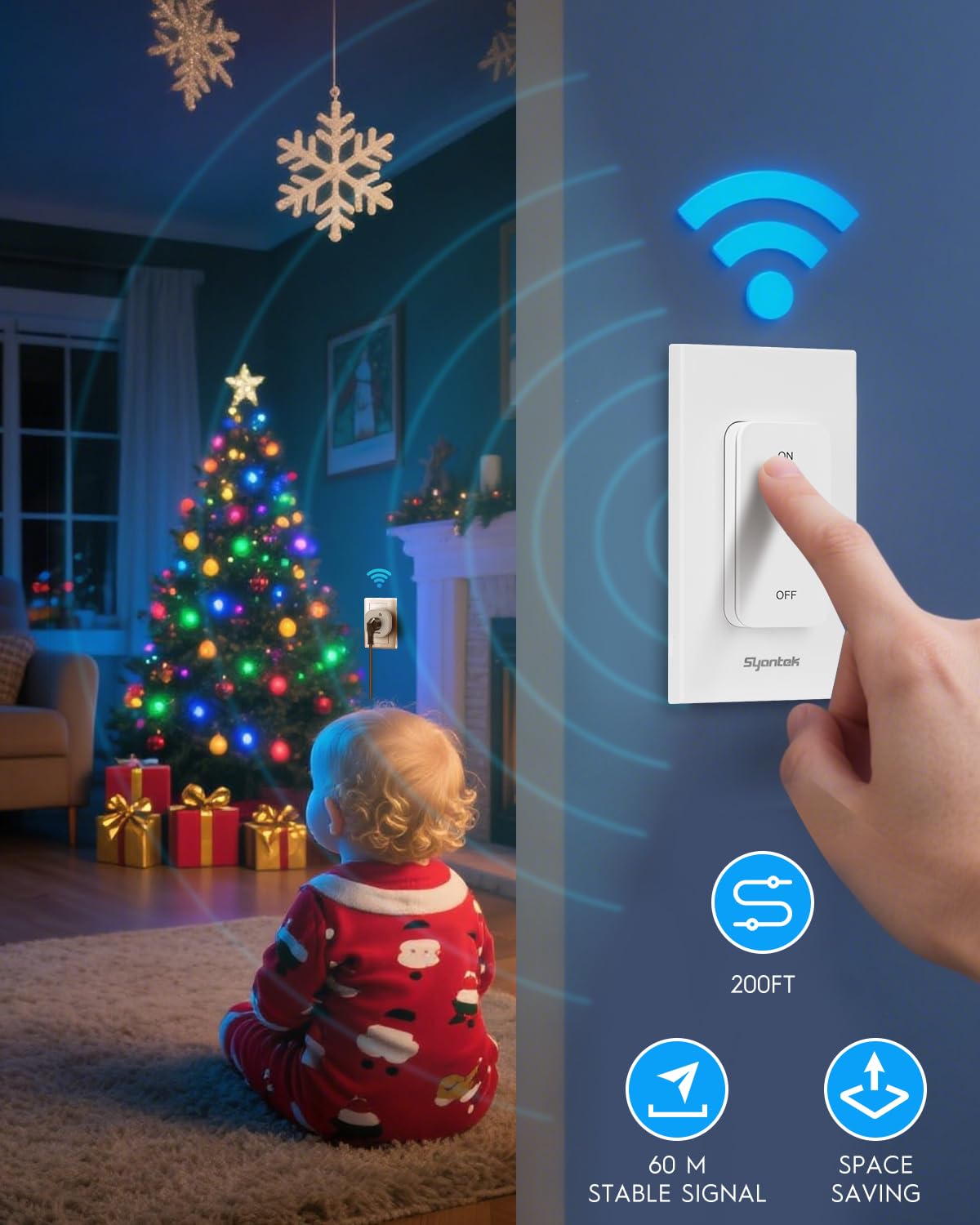Wireless 3-Way Alternative Light Switch Kit (Plug-In Receiver + Detachable Wall Switch, Up to 200-ft RF, No Rewiring, ETL/FCC, Stairway & Hallway Control)