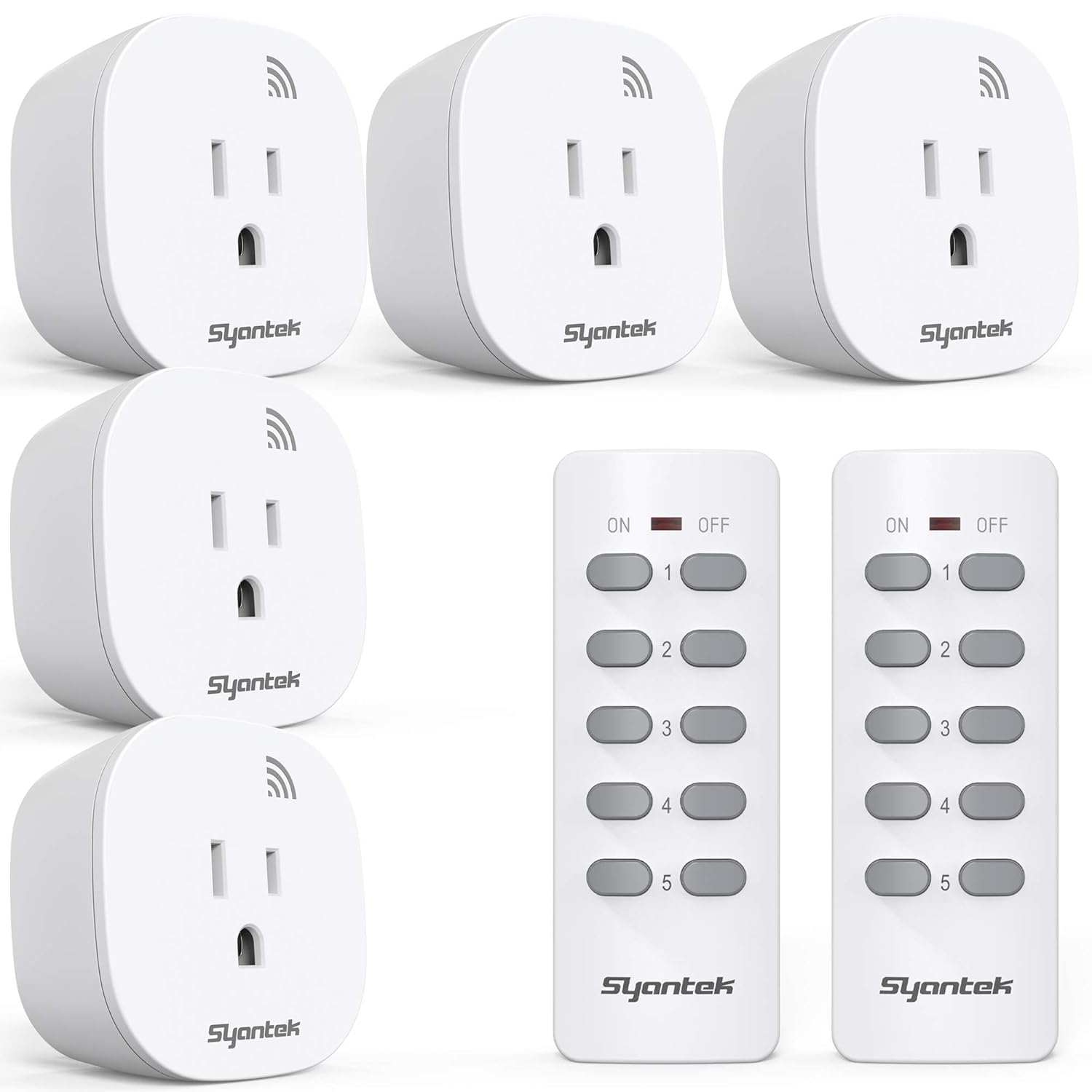 Syantek Wireless Remote Control Outlet - 5 Outlets + 2 Remotes | Expandable Remote Light Switch Kit with 100 ft Range | FCC Certified & ETL Listed | White
