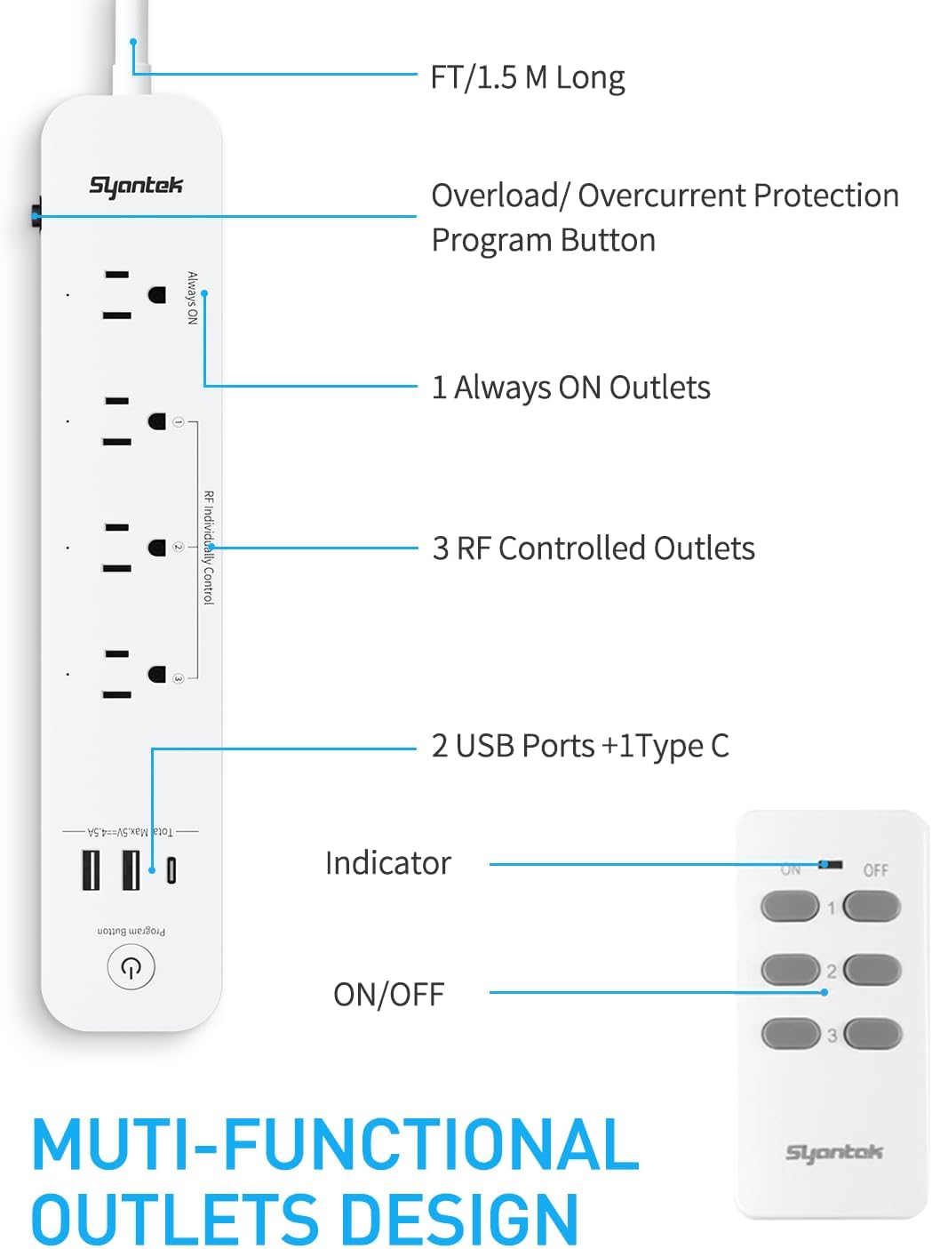 Remote Control Power Strip &amp; Dual-Channel Outlet (RF, Desk &amp; Home Office, USB &amp; Surge Options, One-Tap Control, 100–200-ft Range)