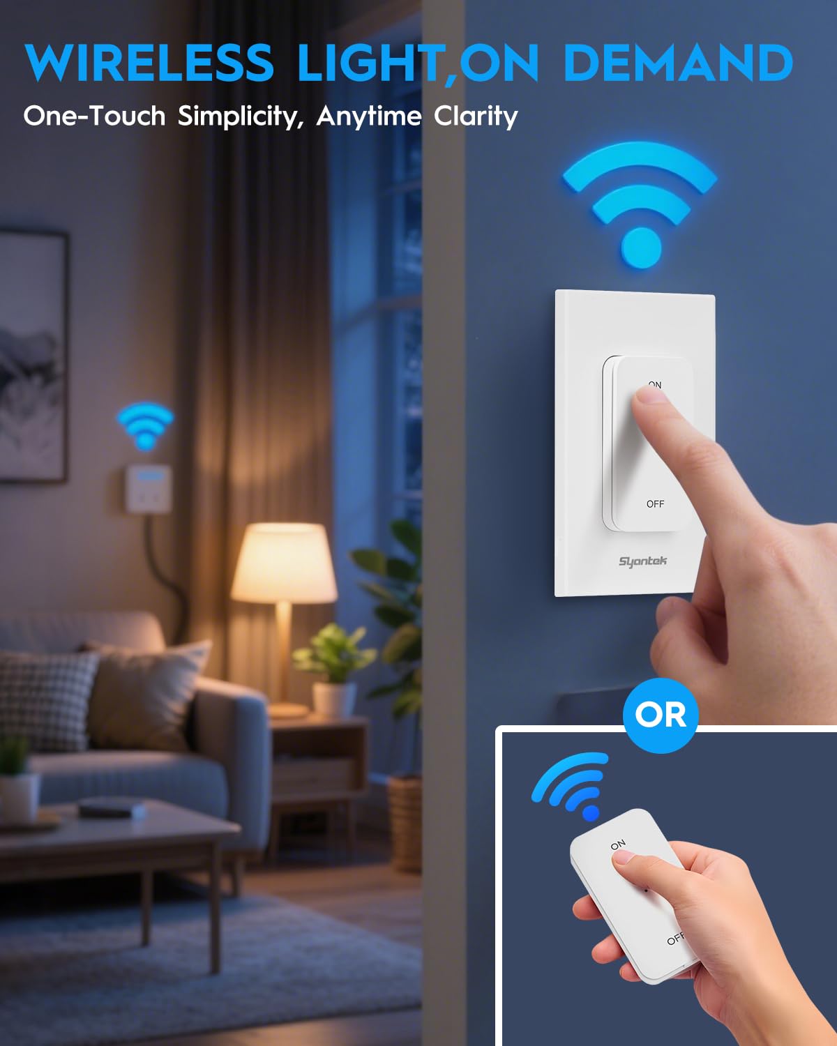 Wireless 3-Way Alternative Light Switch Kit (Plug-In Receiver + Detachable Wall Switch, Up to 200-ft RF, No Rewiring, ETL/FCC, Stairway &amp; Hallway Control)