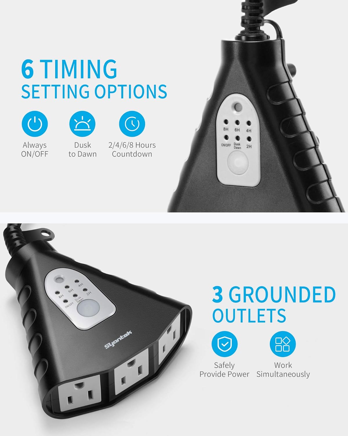 Syantek Outdoor Light Timer | Waterproof Remote Control Outlets | Dusk to Dawn Light Sensor &amp; Countdown Timer | 100 ft Range Remote | 3 Grounded Outlets | ETL Listed
