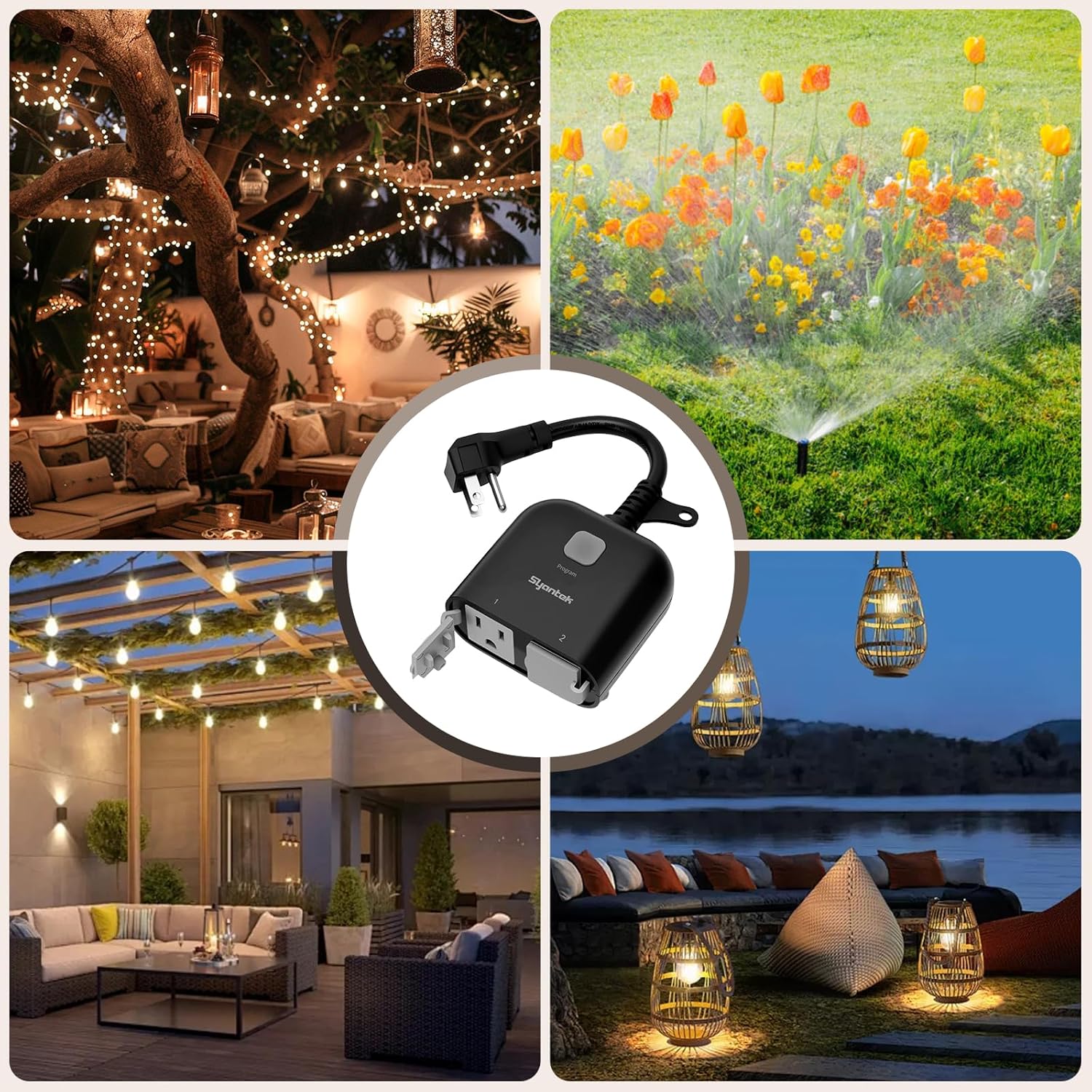 Outdoor Holiday Yard &amp; Inflatables Outlet (RF Remote, Photocell + Countdown, Smart App Control, Weather-Resistant, 3-Outlets Sync)
