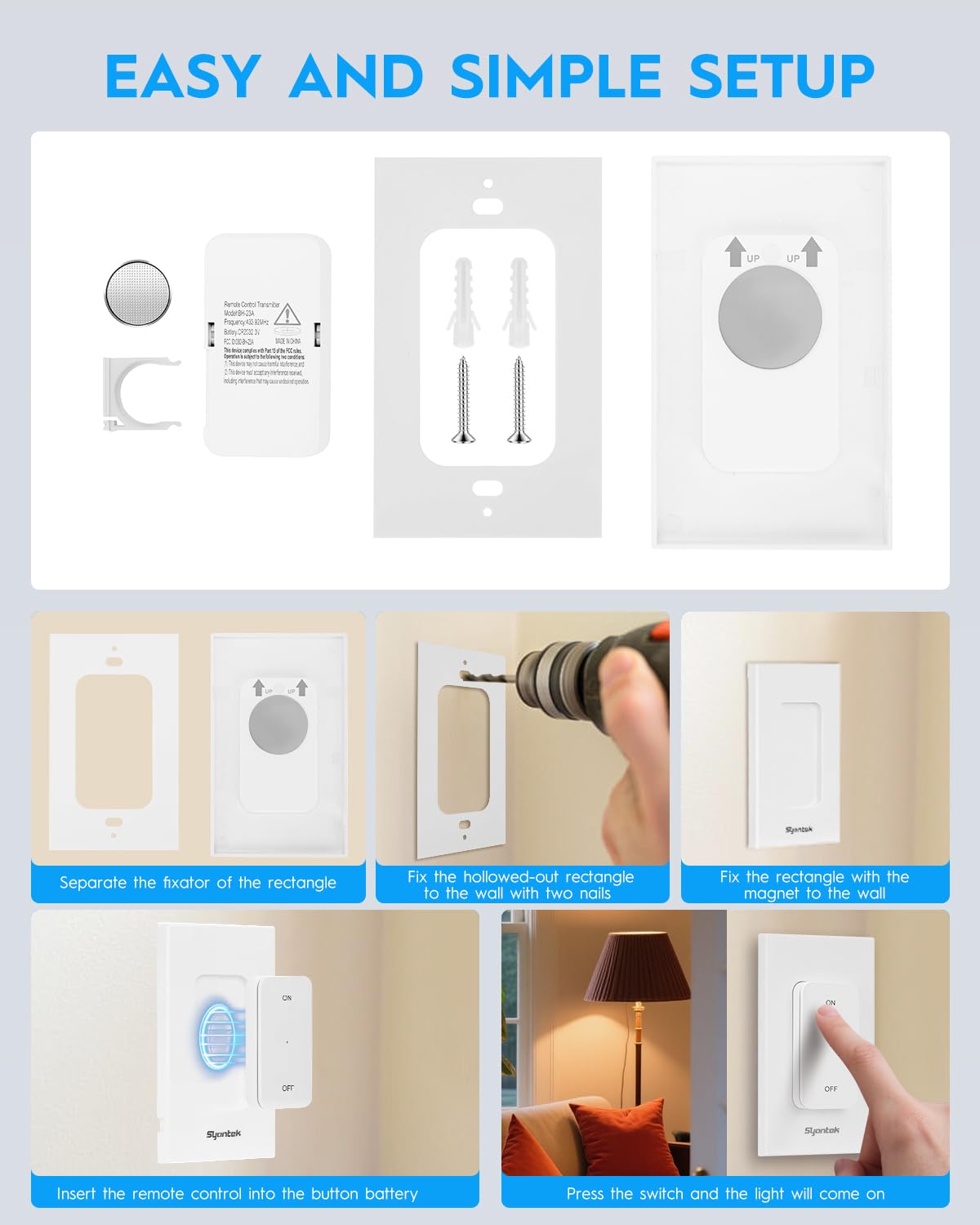 Wireless 3-Way Alternative Light Switch Kit (Plug-In Receiver + Detachable Wall Switch, Up to 200-ft RF, No Rewiring, ETL/FCC, Stairway &amp; Hallway Control)