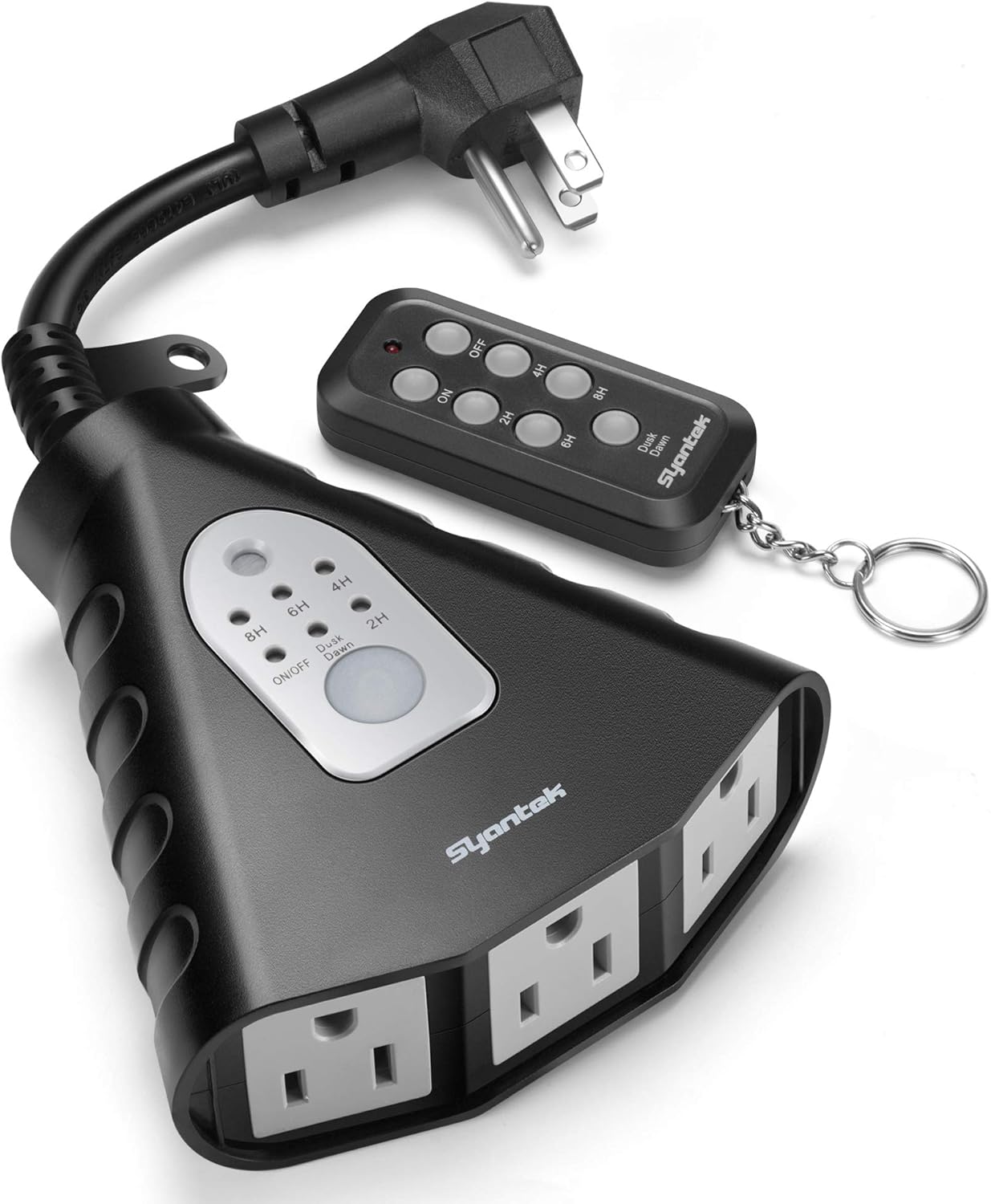 Syantek Outdoor Light Timer | Waterproof Remote Control Outlets | Dusk to Dawn Light Sensor &amp; Countdown Timer | 100 ft Range Remote | 3 Grounded Outlets | ETL Listed